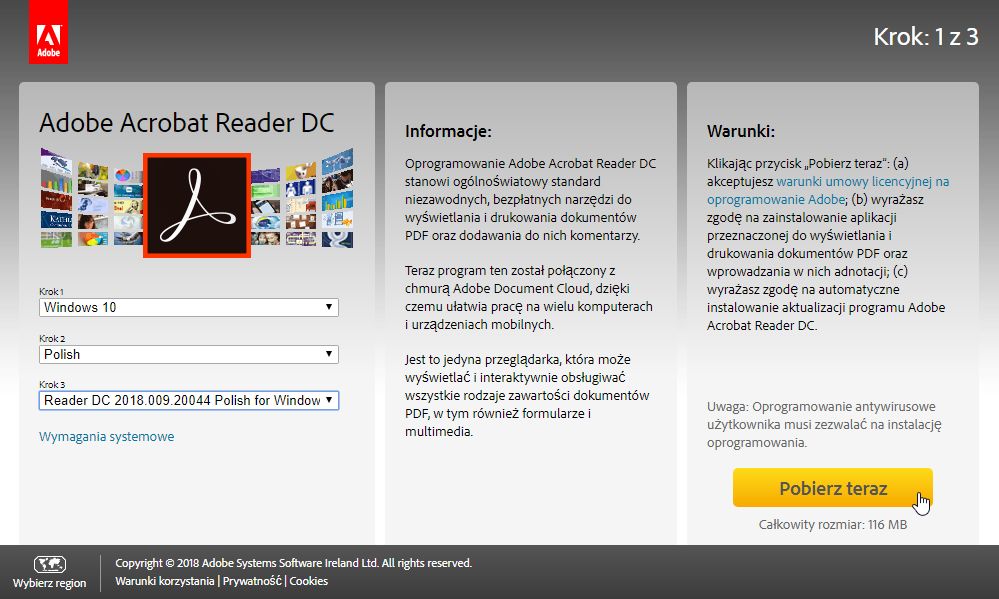Obrazek przedstawiający pobieranie pliku instalacyjnego przeglądarki Adobe Reader DC. Wybranie polskiej wersji językowej instalatora